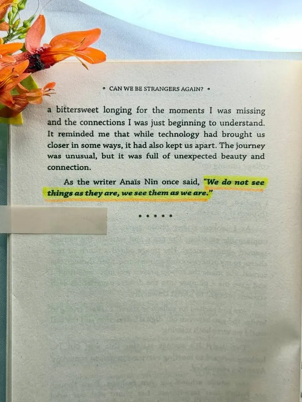 Portrait photo featuring the phrase “CAN WE BE STRANGERS AGAIN?” with partially readable reflective text about technology and connection